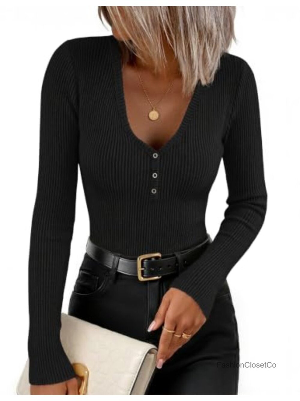 Long Sleeve Henley Shirts for Women Dressy Casual Ribbed Knit Tops